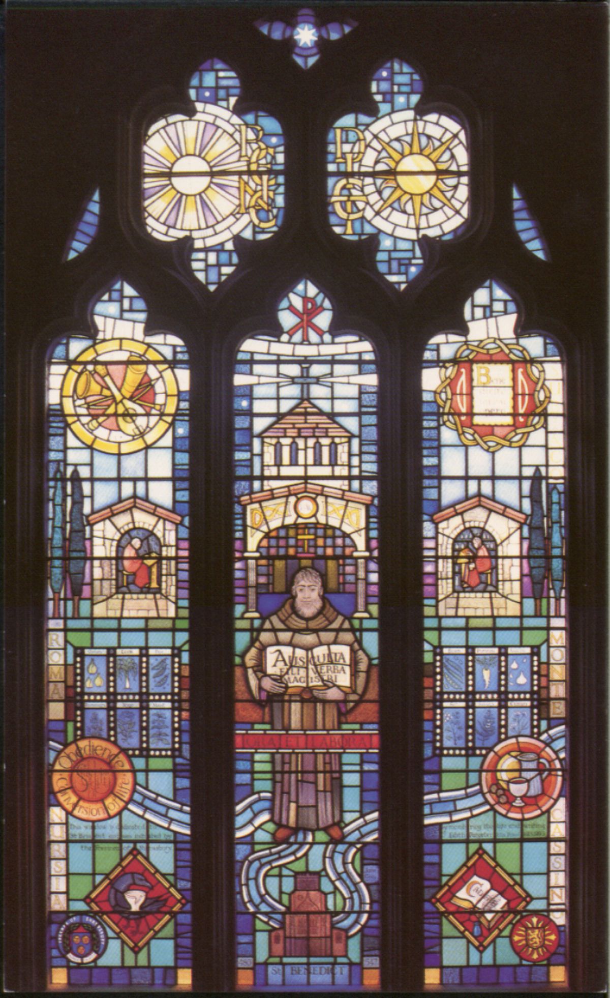The St Benedict window at Shrewsbury Abbey also acts a memorial to the Cadfael writer