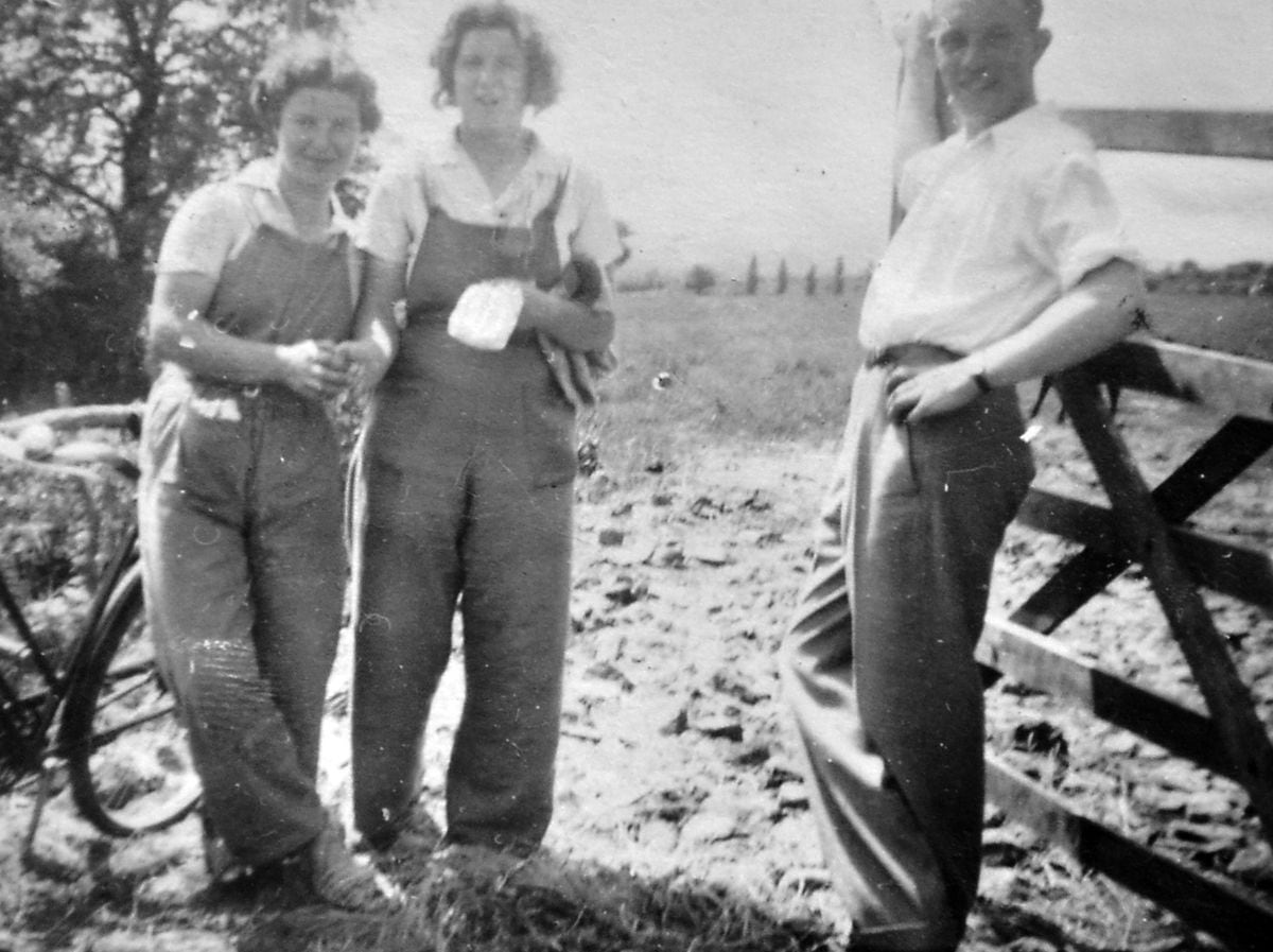 Barbara, left, in her Land Army working clothes on a farm at or near Little Wenlock, with Ida Norgrove, centre. The man right is not identified.