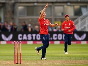 England's Issy Wong celebrates taking the wicket of India's Shafali Verma during the third T20 International match at the Seat Unique Stadium, Bristol. Picture date: Thursday September 15, 2022..