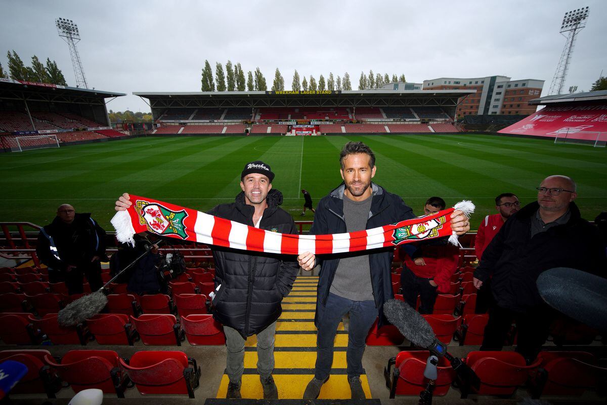 Wrexham co-chairmen Rob McElhenney and Ryan Reynolds at the Racecourse Ground
