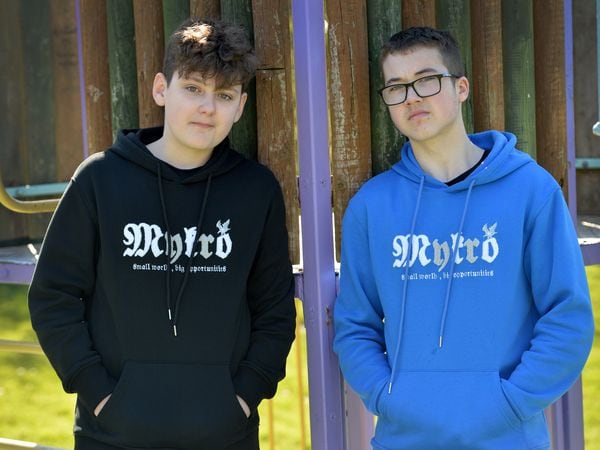 .Liam Smith ( in blue ) and Ashley Hodgett both 15 and from Cannock have launched their own clothing brand called MYKRO clothing and are looking for investment..
