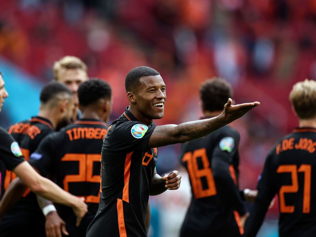 Georginio Wijnaldum celebrates after scoring Holland's second goal against North Macedonia