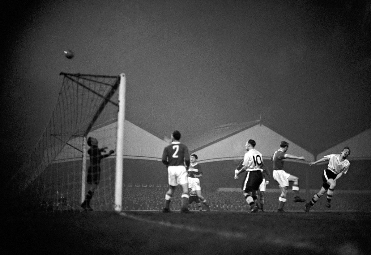 Wolves were no doubt wearing their fluorescent kit in their famous match against Spartak Moscow in 1954. Here Spartak goalkeeper Mikhail Yakobovich Piraev watches a shot from Peter Broadbent, far right, sail over the bar.