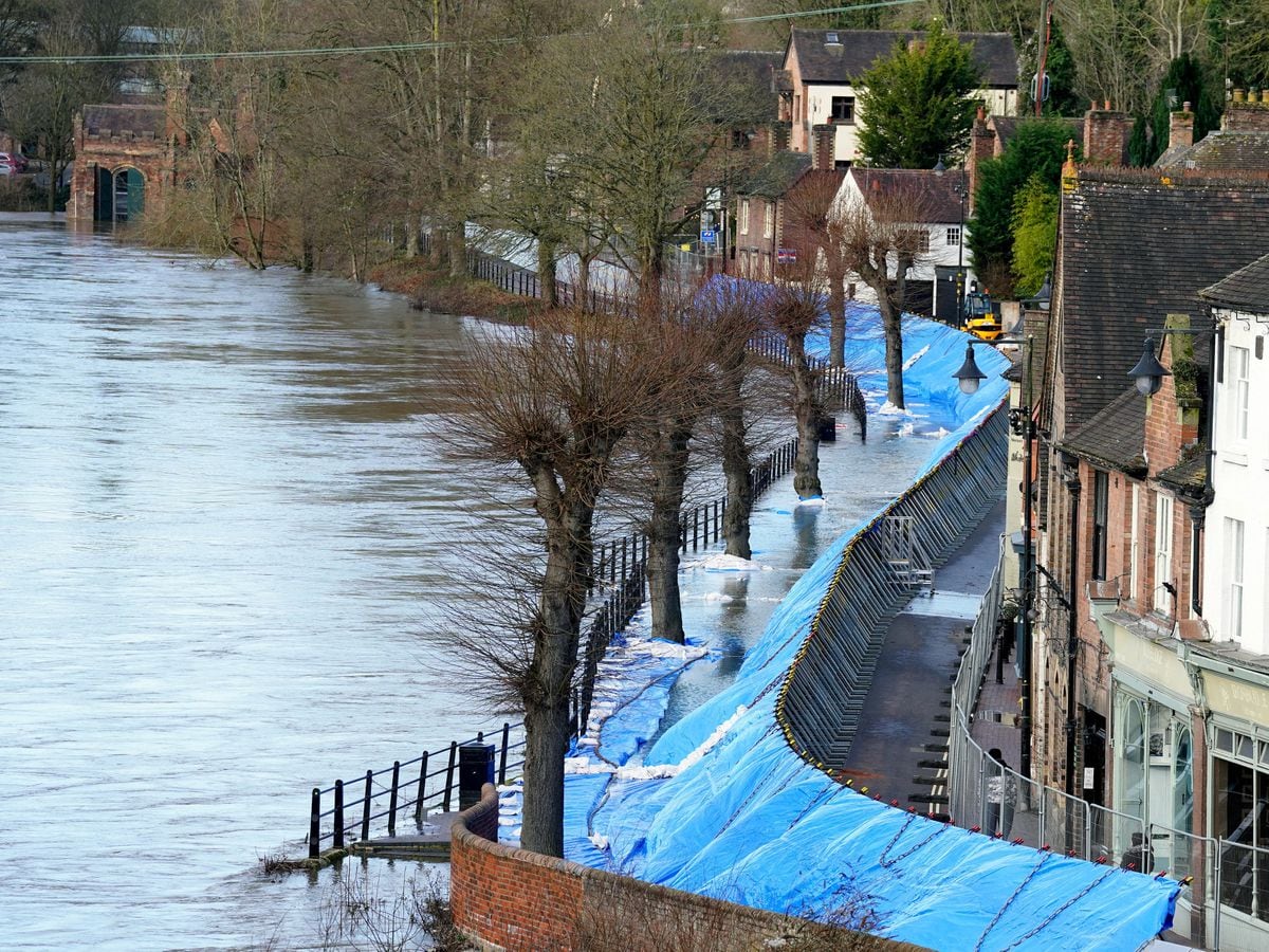 Flood barriers in place along the Wharfage at Ironbridge 