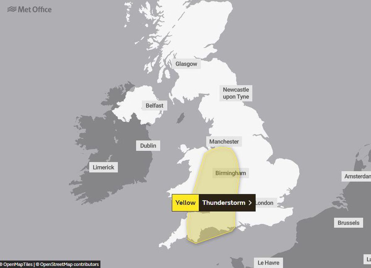 The weather warning is in place from 2pm today until 2am tomorrow. Image: Met Office