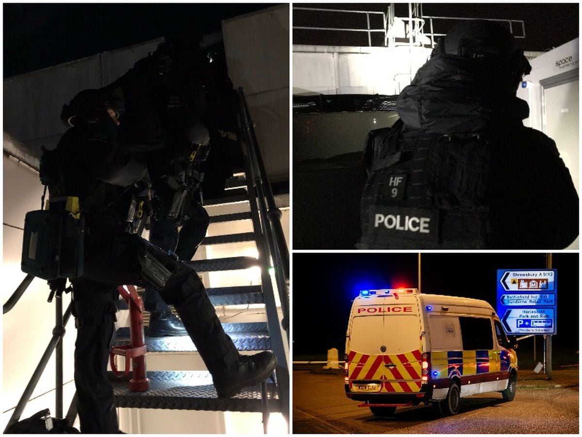 Armed police scaled the roof of Tesco Extra, in Shrewsbury, after reports of a gunman sparked a major alert. Police images: West Mercia Police. Street image: Jamie Rickets/Shropshire Star