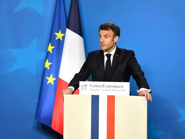 Franceâs President Emmanuel Macron speaks during a press conference at an EU summit in Brussels on Friday March 24