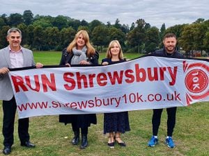 Simon Macdonald, second right, the race director for the Shrewsbury 10K, with, from left, Chris Detheridge, the managing director of Wace Morgan Solicitors, and the company’s HR officer Louise Ridgway, business manager Ellen Smith and partner Zoe Detheridge