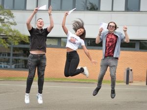 Celebrating their results (left-right), Harry Barnes, 18, of Telford (BTEC in Business), Rachel McFarlane, 19, of Telford, (BTEC in Engineering), and Ben Forrester, 19, of Telford, (3 B grades for his A Levels), at Telford College..
