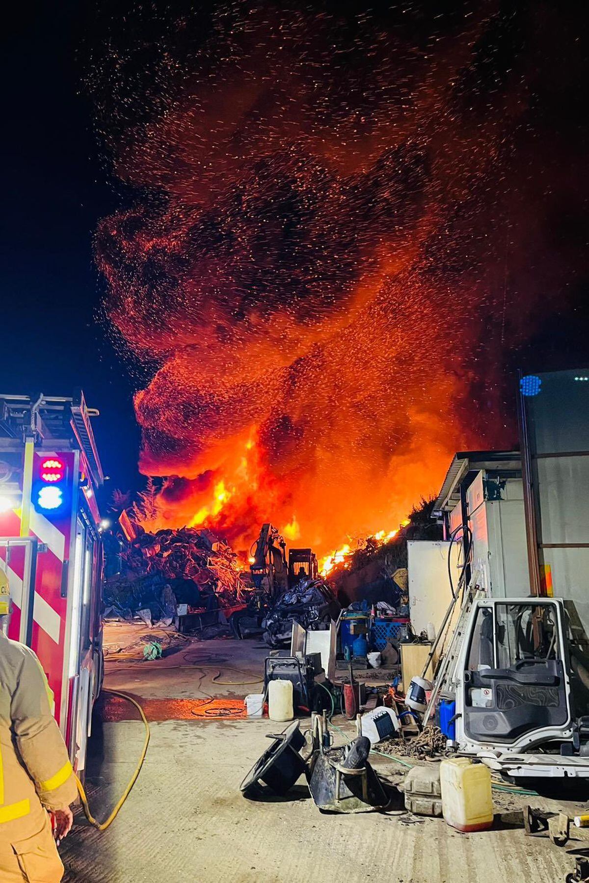 Shropshire Fire and Rescue crews were called to tackle a huge fire at a commercial yard