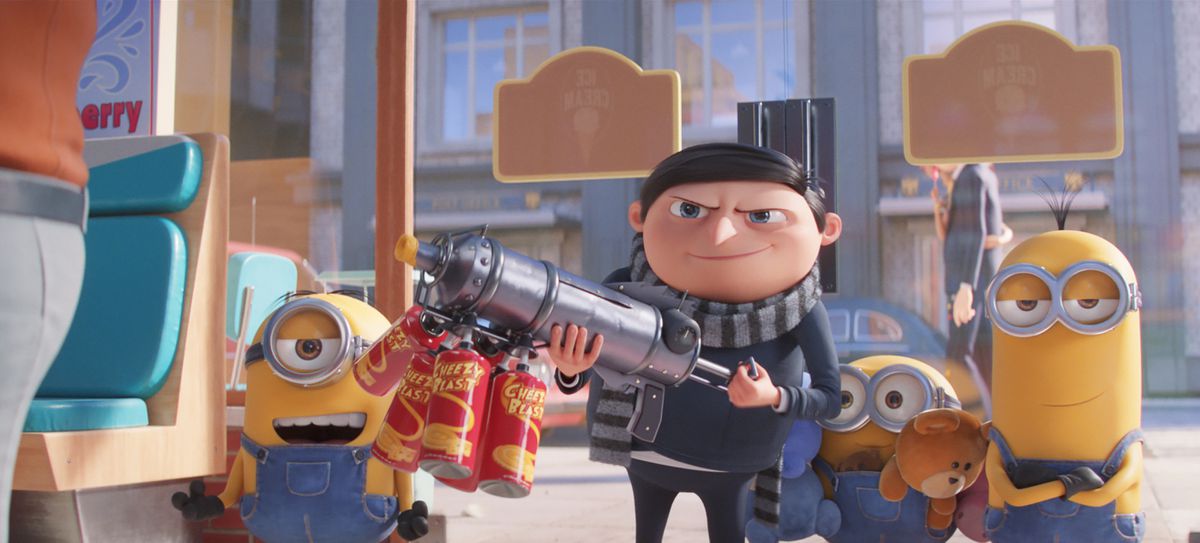 Pictured: Minion Stuart, Gru (voiced by Steve Carell), Minions Bob and Kevin
