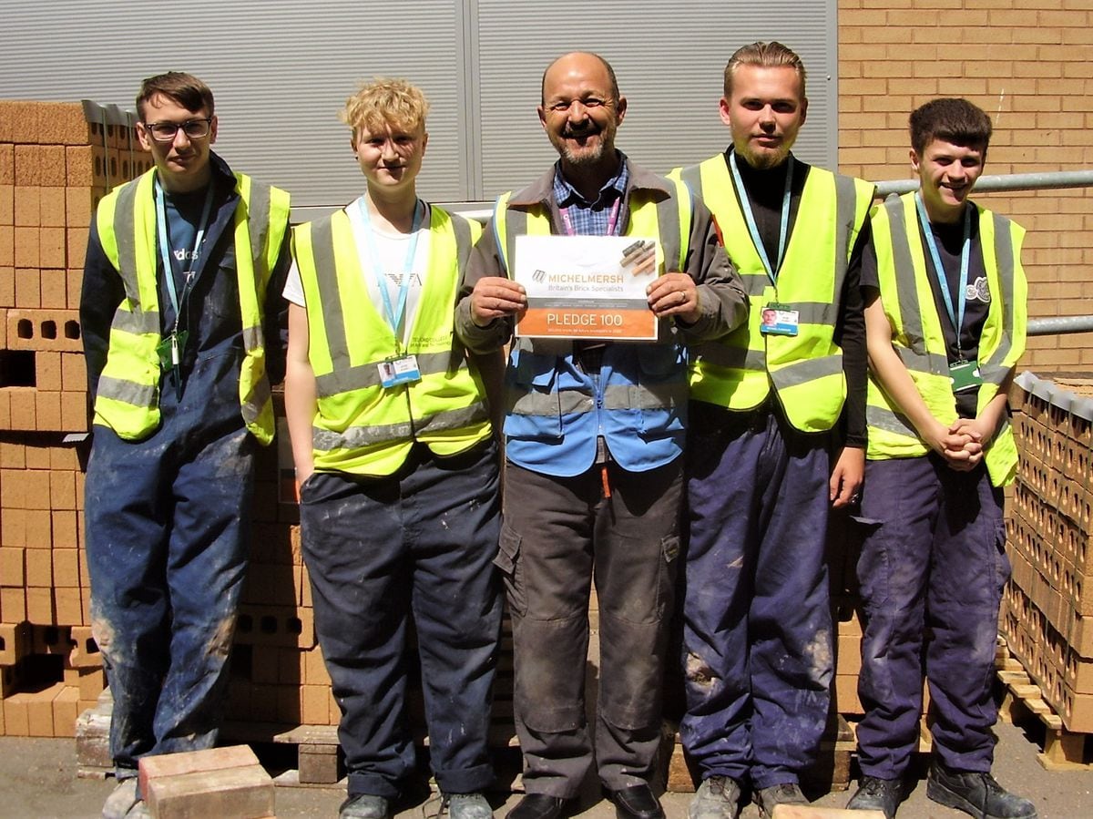 Level one bricklaying students Aston Downey, Lois Fisher, Michael Flanagan and Ethan Smith with lecturer Gary Pitchford