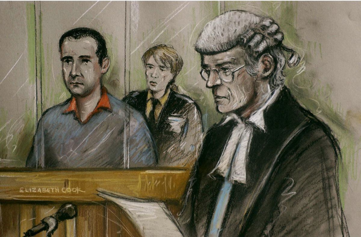 Artist's impression of Robert Hendy-Freegard, 32, standing in the dock at Blackfriars Crown Court