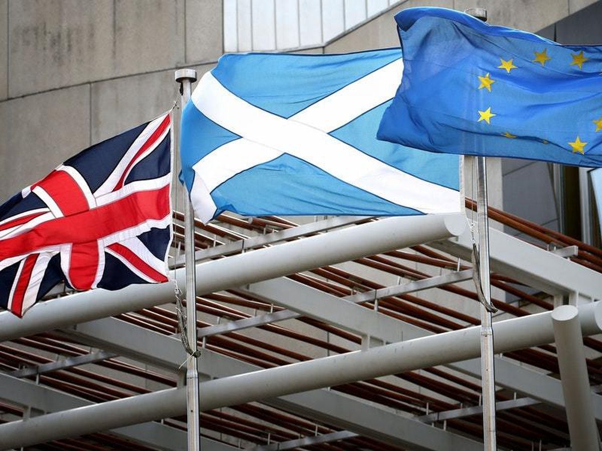 A Union Jack, Saltire and EU flag at Holyrood