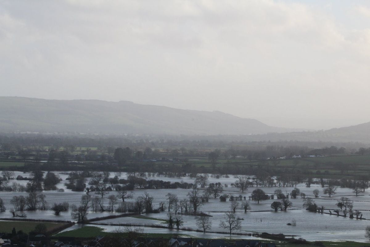 The A483 closed south of Llanymynech and flooded fields at Pant and Llanymynech. Pic: Diane Rogers