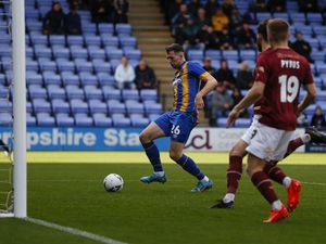 Jordan Shipley of Shrewsbury Town scores a goal to make it 1-0.