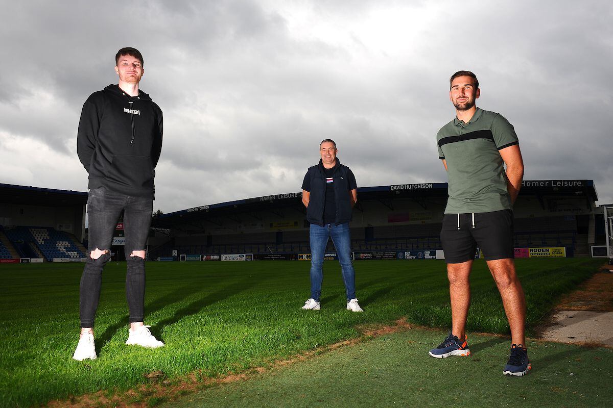 New AFC Telford United signings Ashley Rawlins and Russ Griffiths with goalkeeping coach Darren Acton(centre) at the New Bucks Head Stadium - Picture credit: Mike Sheridan/Ultrapress