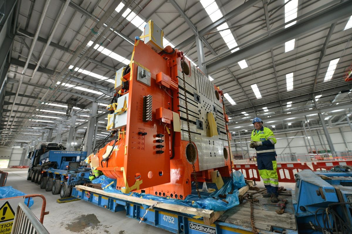 A huge die casting machine being moved into place at Magna's Telford factory last month