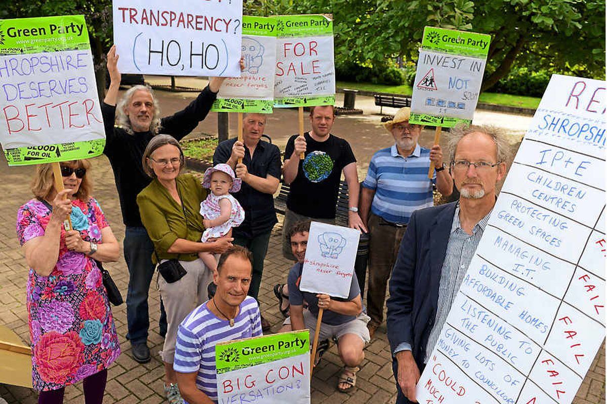 Councillor Duncan Kerr, front right, with members of the Green Party protesting outside Shirehall where a council meeting was taking place