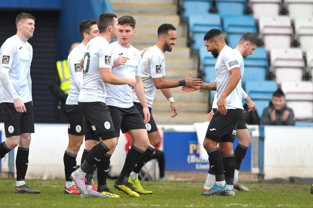  Brendon Daniels of Telford celebrates after he scores to make it 1-0