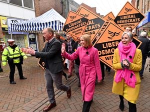 Helen Morgan leads the victory rally in Oswestry