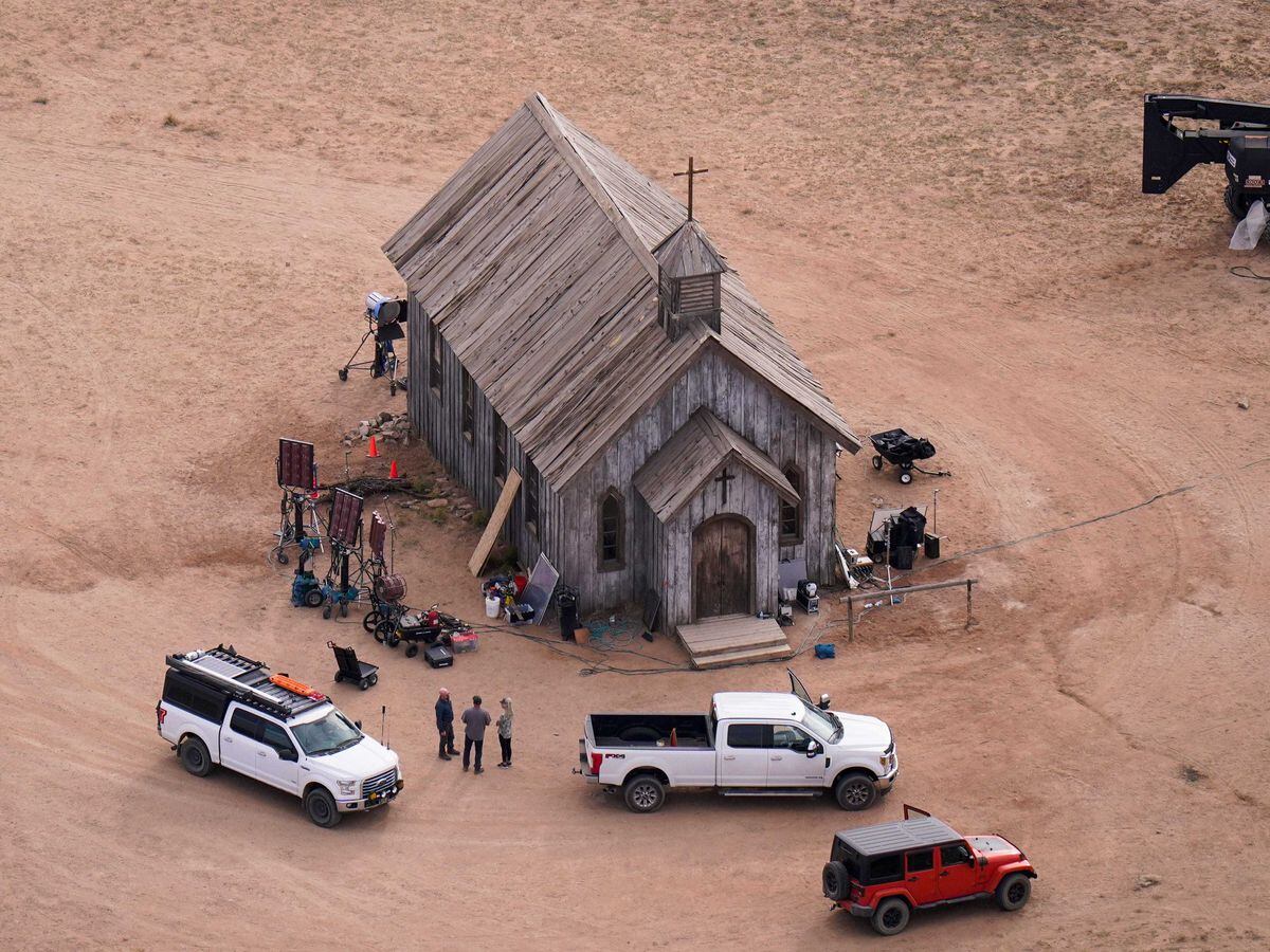 This aerial photo shows the movie set of Rust at Bonanza Creek Ranch in Santa Fe, New Mexico