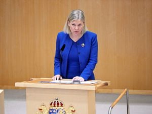 Prime Minister Magdalena Andersson talks during the parliamentary debate on the Swedish application for Nato membership in Stockholm