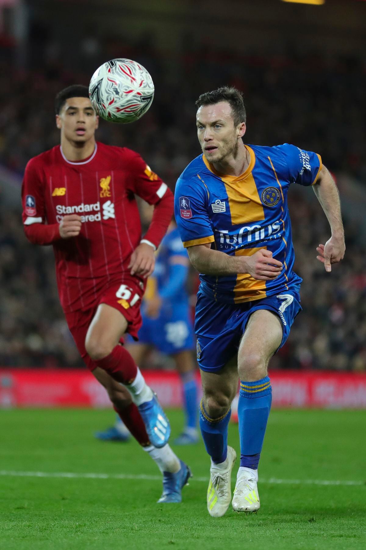 Shaun Whalley picked up a hamstring injury in Shrewsbury's FA Cup tie at Anfield earlier this month (AMA)