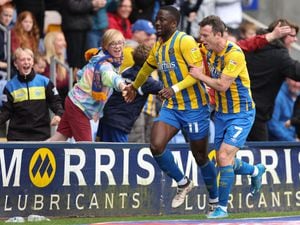 Daniel Udoh of Shrewsbury Town celebrates after scoring a goal to make it 1-0 (AMA)