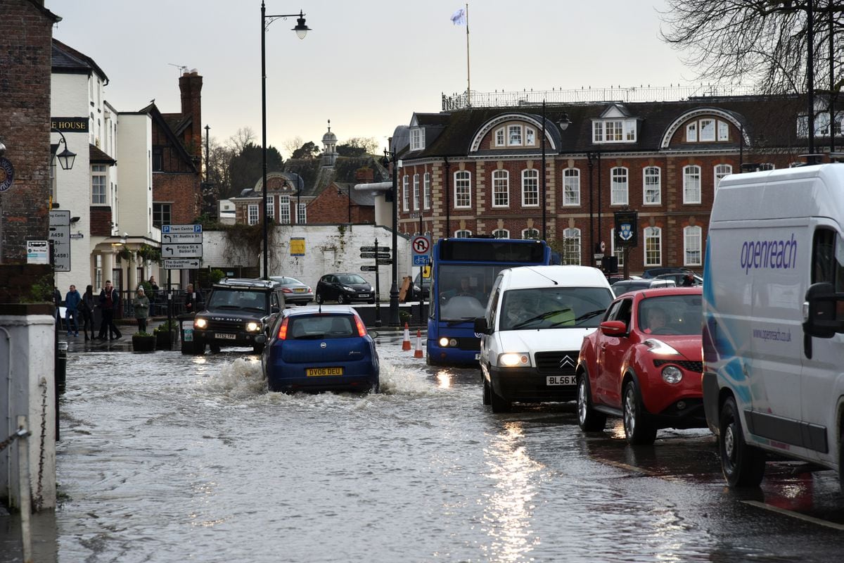 Flooding in Smithfield Road, Shrewsbury, on Monday afternoon. Photo: Russell Davies