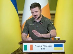President of Ukraine Volodymyr Zelenskyy speaks during a joint press conference with Ireland’s Prime Minister Micheal Martin following their meeting in Kyiv, Ukraine, Wednesday, July 6, 2022.