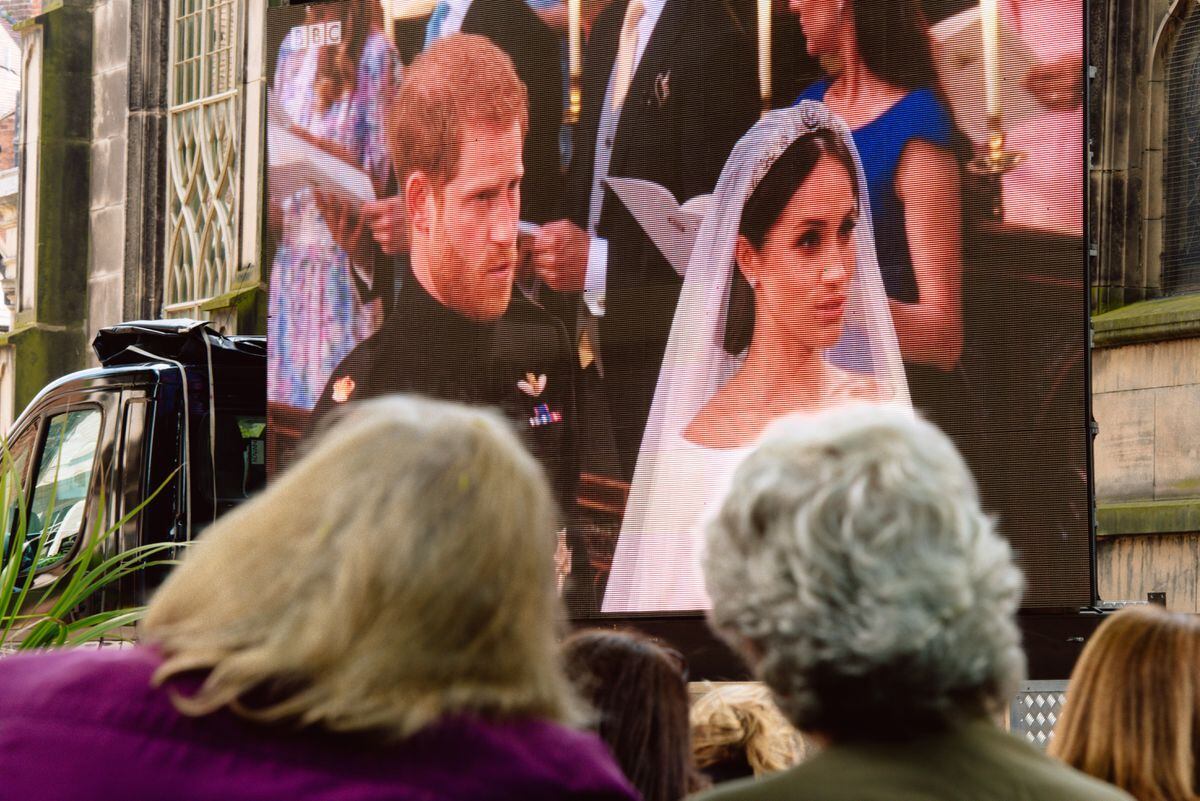 Shrewsbury BID screen the Royal Wedding on a big screen outside of St Alkmunds Church..