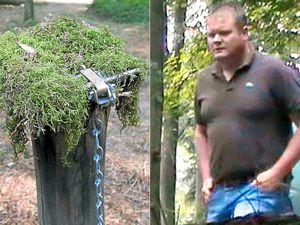 A close up of the illegal bird trap set by Wayne Priday, is caught, right, on camera visiting the trap