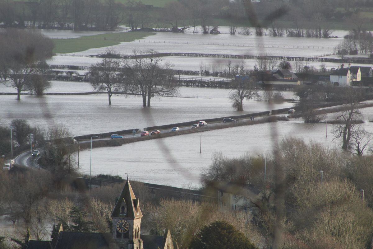 The A483 closed south of Llanymynech and flooded fields at Pant and Llanymynech. Pic: Diane Rogers