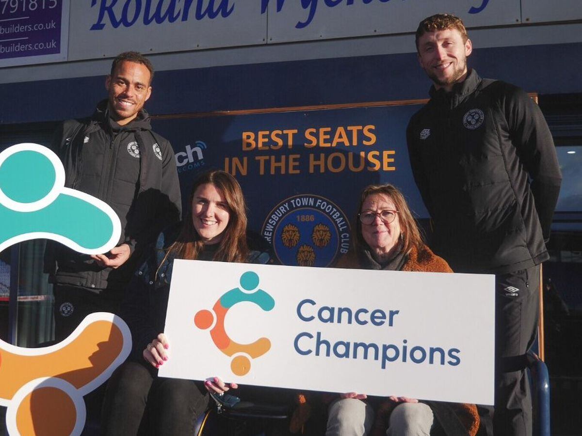  Shrewsbury Town players Elliott Bennett and Matthew Pennington with Holly Corrigan from Qube and Miranda Ashwell, LiveLife Project Lead for Lingen Davies Cancer Fund.