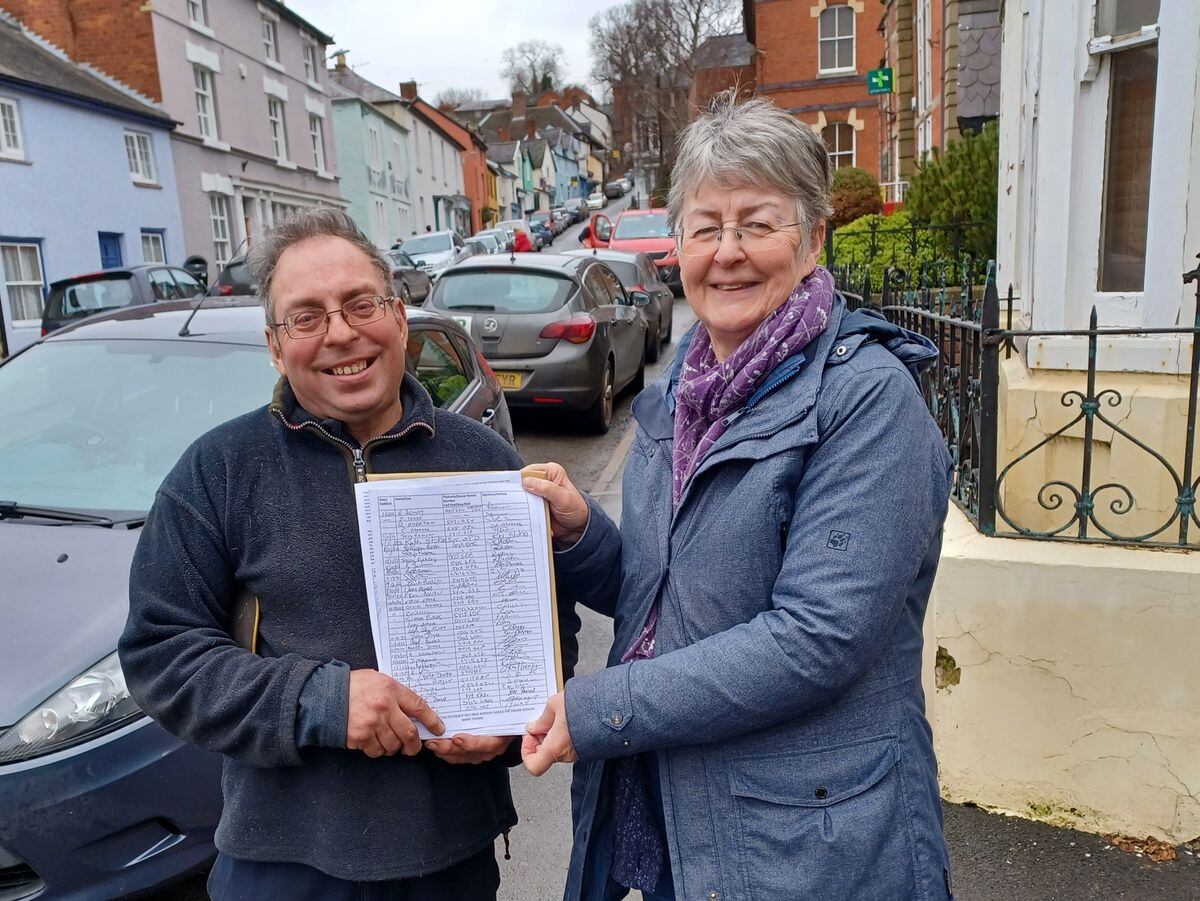 Derek Pugh and Councillor Heather Kidd with the petition in Bishop's Castle