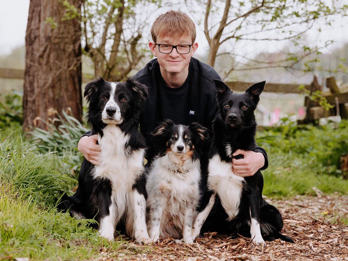 Max Glover and his three dogs, Boost, Woody and Beat