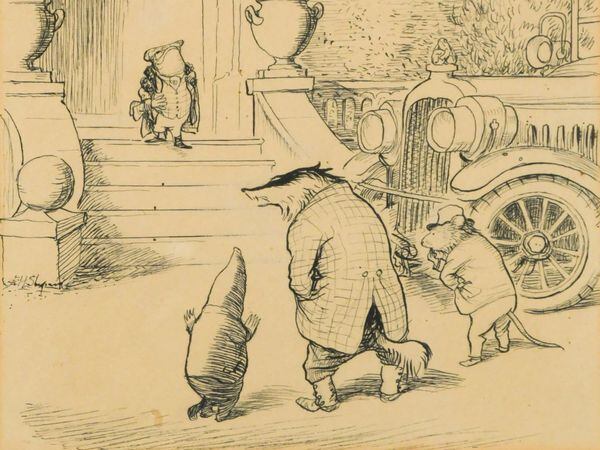 An original illustration for Wind in the Willows, showing Mr Toad, Ratty, Badger and Mole outside Toad Hall, has sold at auction for £33,644. (Cheffins auctioneers/ PA)