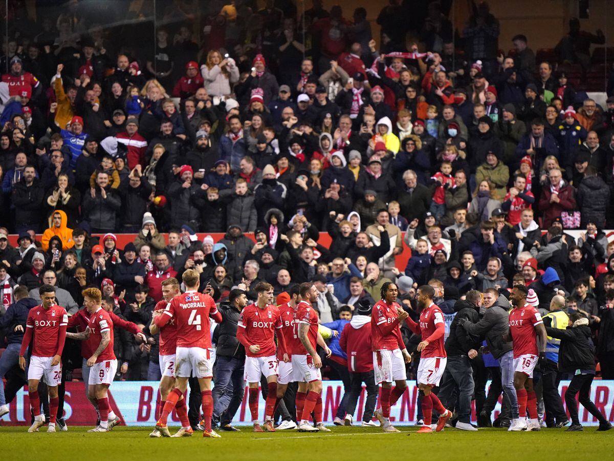 Nottingham Forest celebrate Lewis Grabban's winner against Arsenal