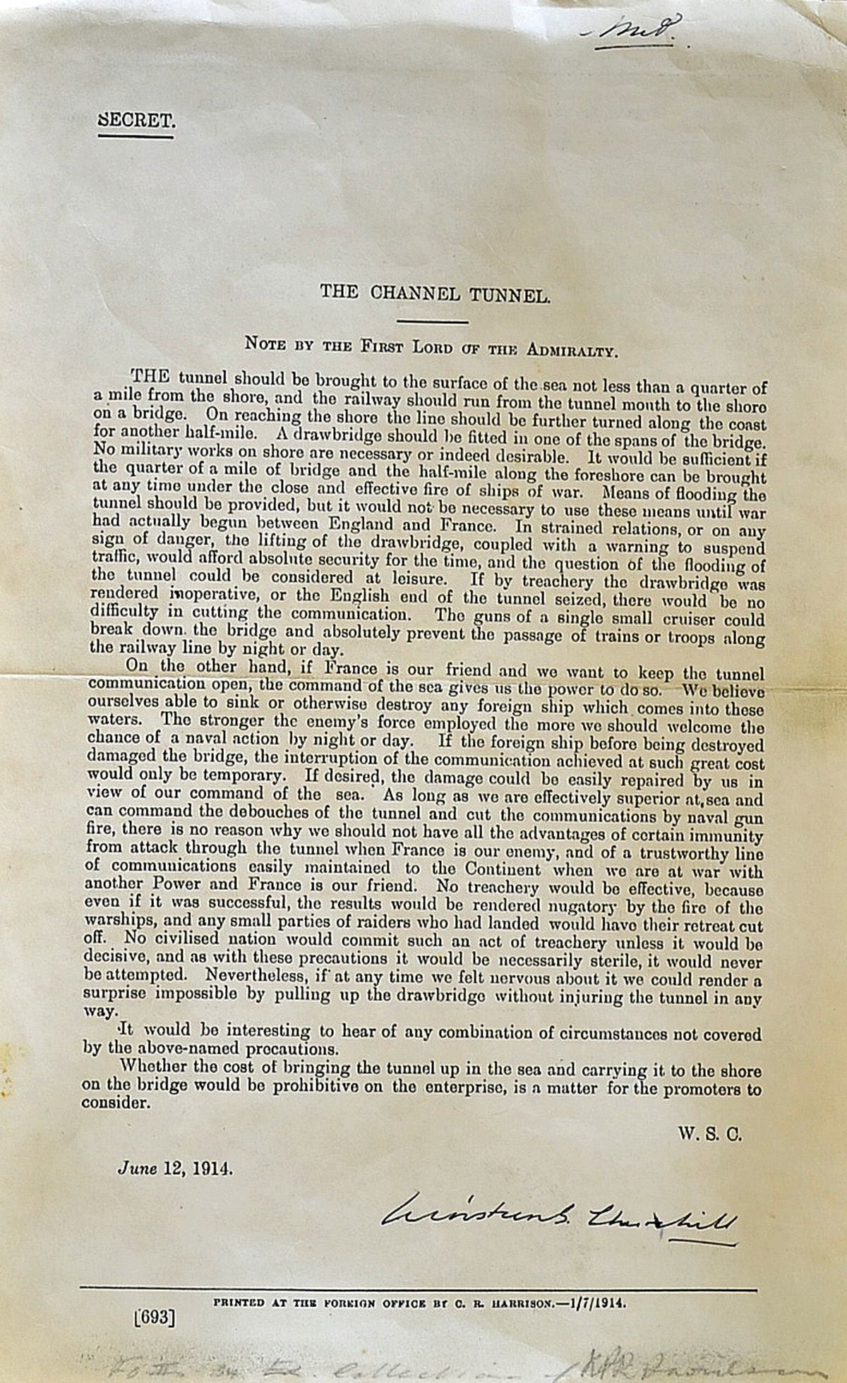 A document signed by Winston Churchill discussing the feasibility of building a Channel Tunnel back in 1914