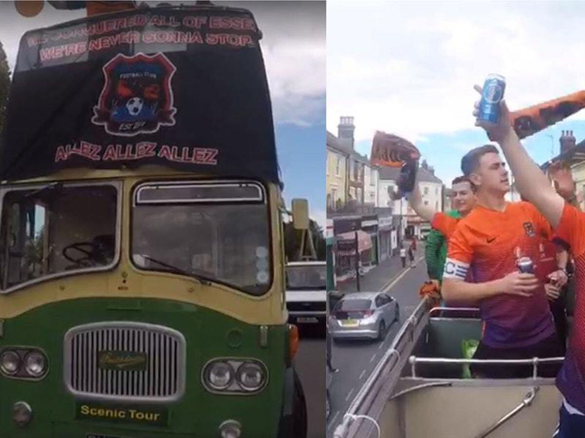 Duckpond FC celebrate winning their Sunday league with an open-top bus parade