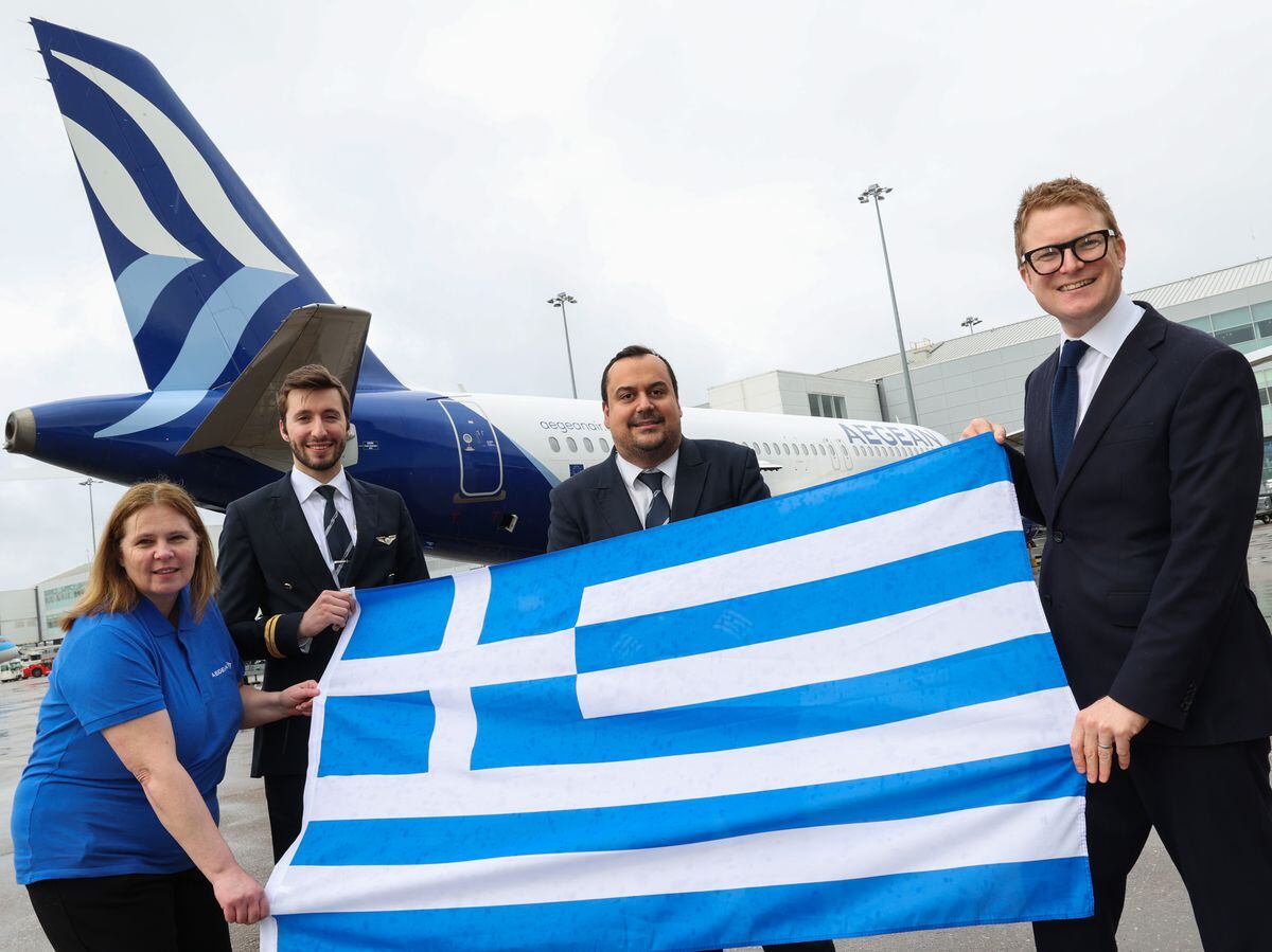 Picture, from left, before the departure are Caroline Cairns, Manos Lygoskoufis, Titos Psarovdakil and airport aviation director Tom Screen