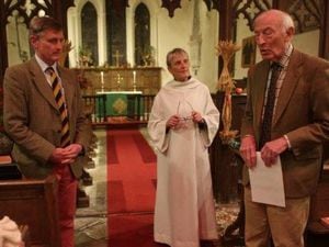 Francis Acton, the vice chairman of the PCC, left, is pictured with Stephen Winwood Chairman of Shropshire Historic Churches Trust, on the right, and Rev Clare Sanders, interim minister.