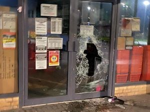 The front door of the Poundstretcher in Madeley, which was broken into this morning