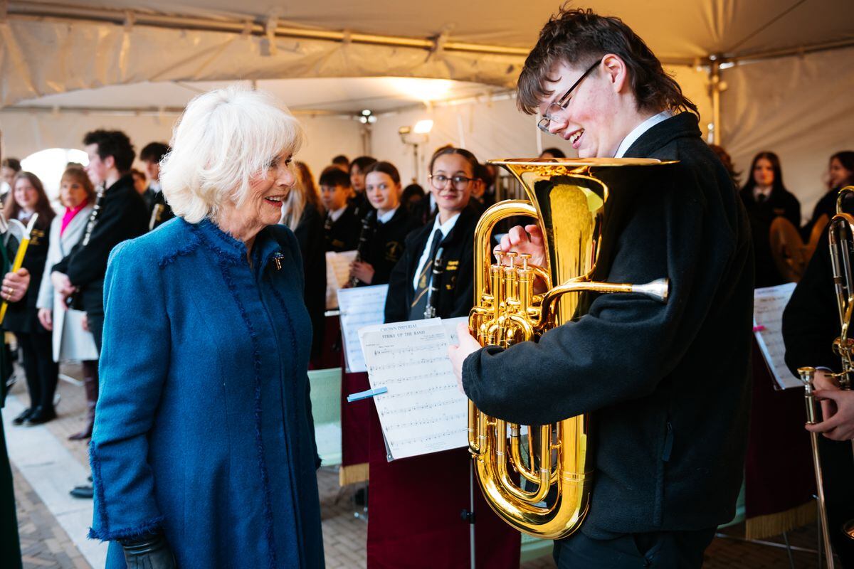 The Queen Consort meets the Haberdashers' Abraham Darby Band
