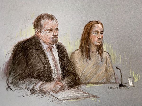 Court artist sketch by Elizabeth Cook of Lucy Letby, next to her solicitor Richard Thomas, appearing via video link at Warrington Magistratesâ Court