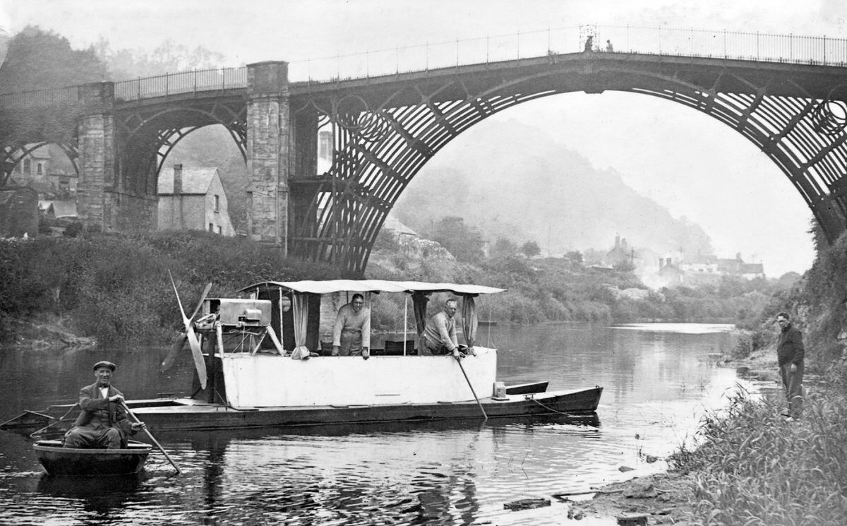 A hydroglider on the River Severn in the shadow of the Iron Bridge in July 1937