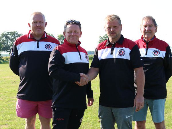 Rob Woodcock welcomes Jon Gaff to the team with Dean Yates (far left) and Spartans President Les Bristow (right)