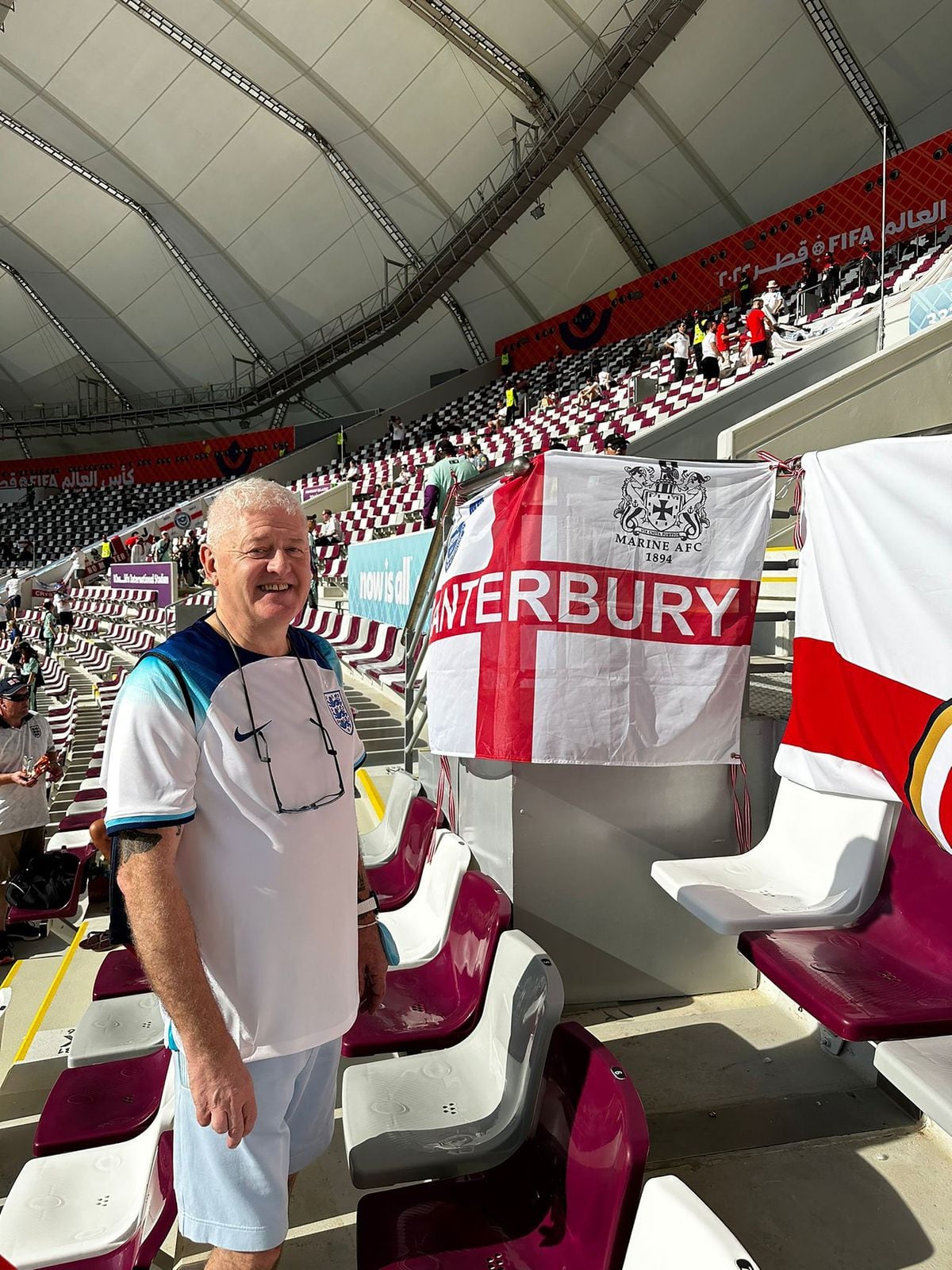               BEST QUALITY AVAILABLEUndated handout photo issued by David Thompson, 61, at FIFA World Cup 2022 held in Qatar. Mr Thompson who is an England fan, attended the 1966 World Cup win is hoping to witness a repeat in Qatar 56 years later. David Thompson has followed the Three Lions at four overseas World Cups although his first experience of international football's biggest tournament came as a five-year-old. Issue date: Tuesday December 6, 2022. PA Photo. See PA story SPORT WorldCup . Photo credit should read: David Thompson/PA Wire NOTE TO EDITORS: This handout photo may only be used in for editorial reporting purposes for the contemporaneous illustration of events, things or the people in the image or facts mentioned in the caption. Reuse of the picture may require further permission from the copyright holder.            