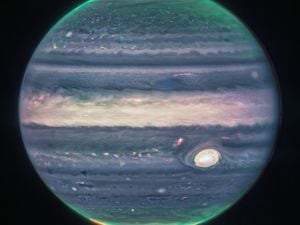 A composite image of Jupiter taken by the James Webb Space Telescope's Near-Infrared Camera (Photo courtesy: NASA, ESA, CSA, Jupiter ERS Team; image processing by Judy Schmidt). 